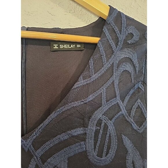 Sheilay Womens Navy Blue Embroidered Long‎ Sleeve V Neck Bodycon Dress Sz M - Picture 4 of 6